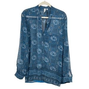 Kut From Kloth Womens Tunic Top Blue XL Polyester Floral Sheer Boho Roll Tab